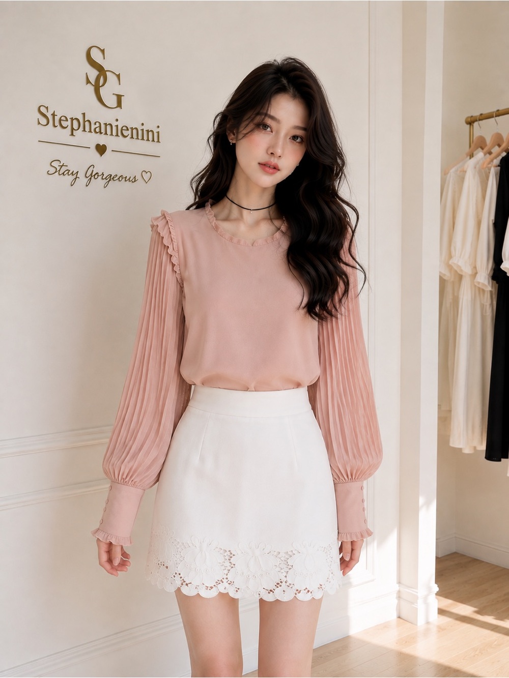 Women’s Pink Pleated Long-Sleeve Blouse with Ruffle Trim